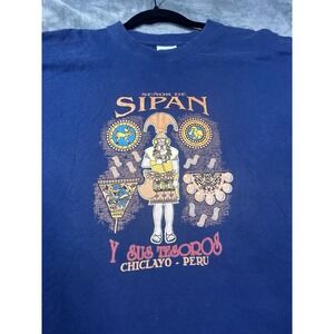 Vintage Peru Graphic T Shirt Mens M Blue Chiclayo Cultural Tourist Tee Aztec